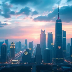 Futuristic city skyline symbolizing cryptocurrency payments in New York
