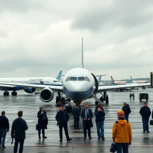 Passengers stranded on the tarmac at an airport due to severe weather conditions.
