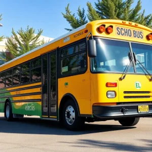 Electric school bus parked outside a school
