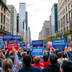 A vibrant political rally with supporters, showcasing campaign energy in New York.