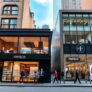 New York City street featuring an optical shop and fintech office