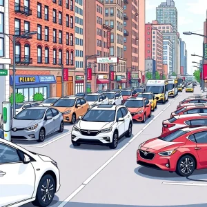 Electric vehicles charging in a New York City street