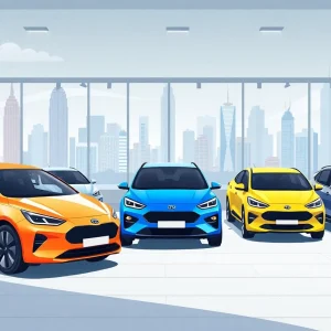 Electric vehicle dealership in New York City showcasing various EV models.