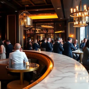 Interior view of an upscale members' club in New York City filled with guests enjoying social interactions