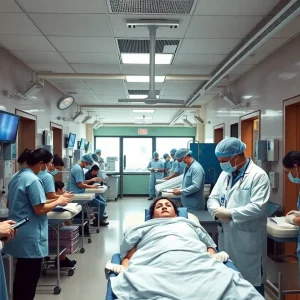 Healthcare workers at NYC hospital managing patient care and claims
