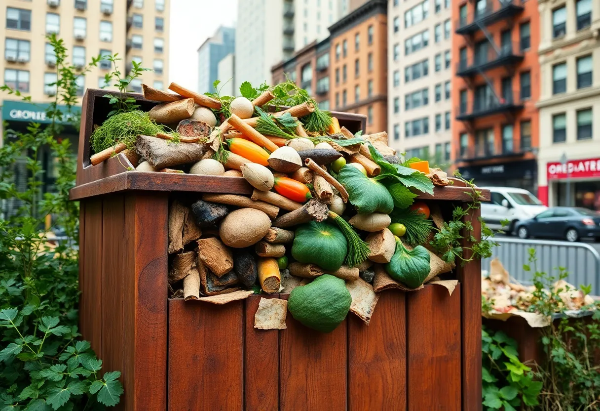 Compost bin in New York City filled with organic waste