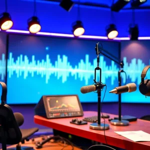 Modern podcast studio setup with microphones and sound wave display
