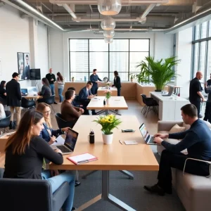 Interior view of a WeWork office in New York City with people working together.
