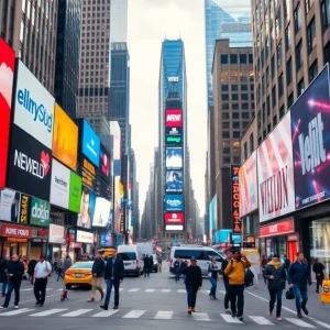 NYC skyline with advertising elements symbolizing media companies