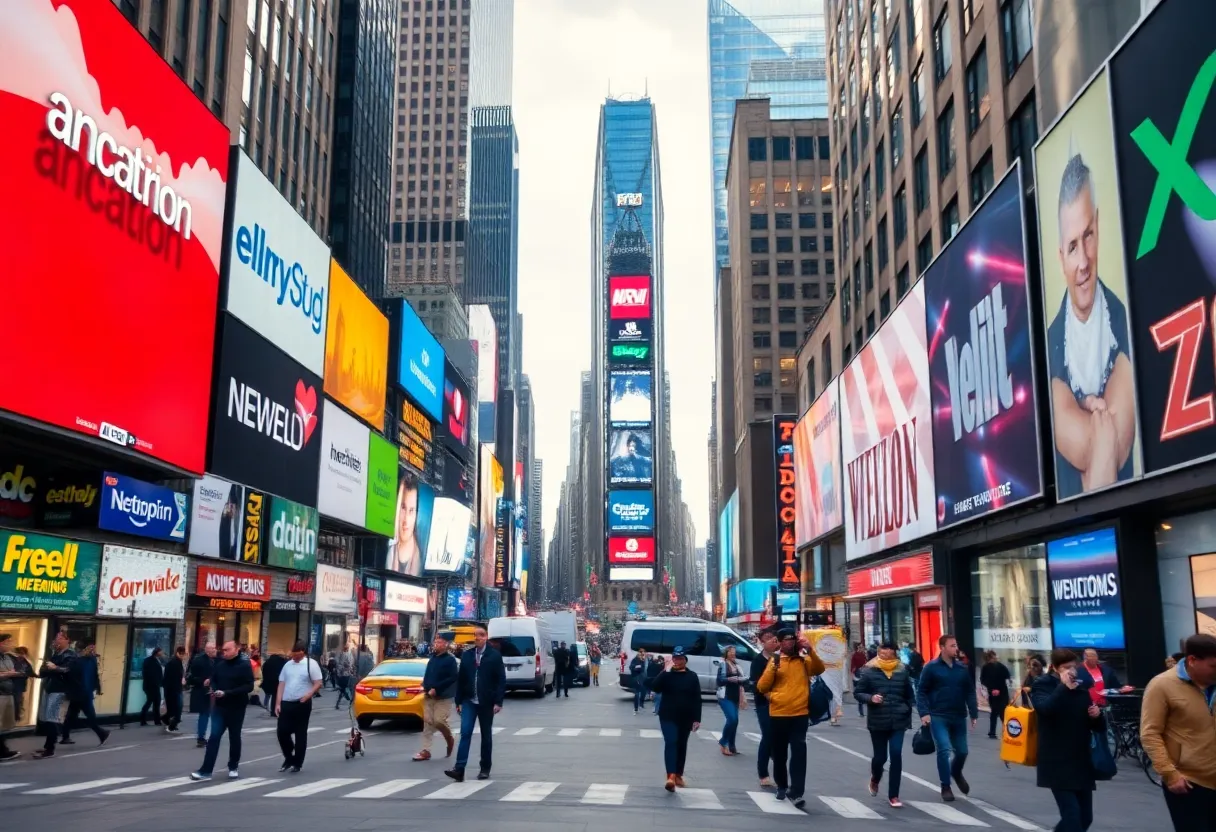 NYC skyline with advertising elements symbolizing media companies