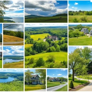Scenic views of New York's affordable counties with homes and nature.