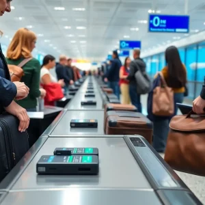 Travelers at airport security with carry-on bags containing lithium battery devices