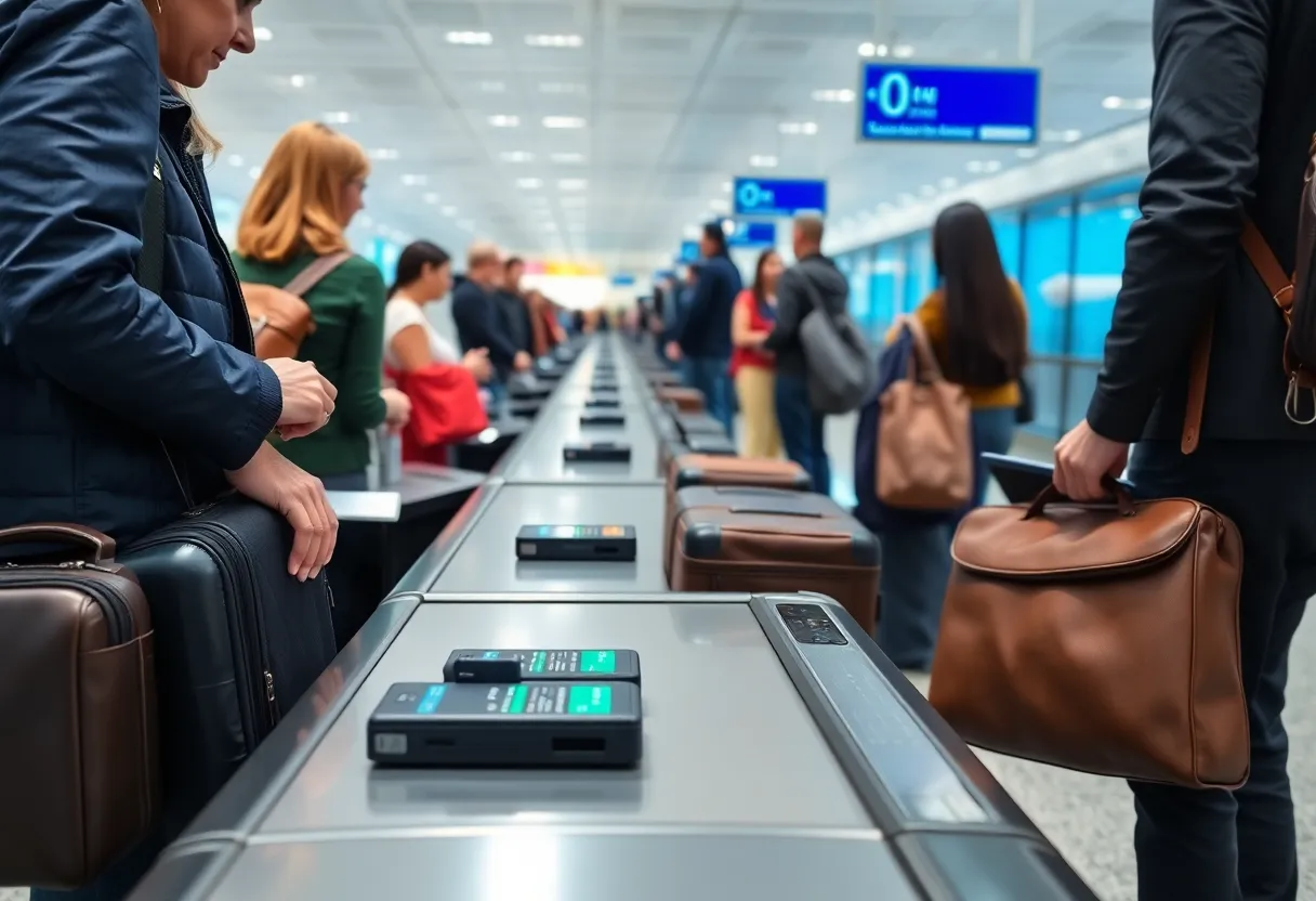 Travelers at airport security with carry-on bags containing lithium battery devices