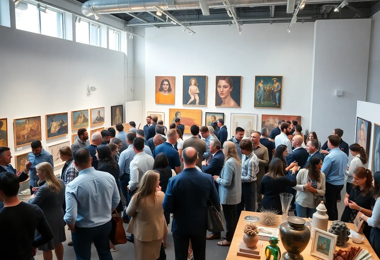 Overview of the Art Business Conference showcasing attendees and art displays