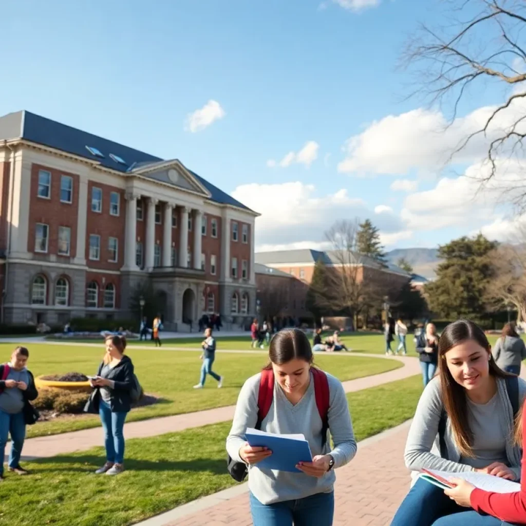 Binghamton University campus with students studying.