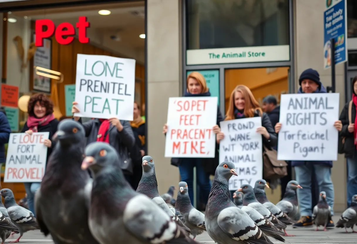 Activists protesting outside a pet store in Brooklyn over pigeon selling practices
