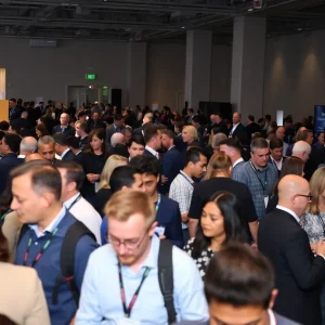 Attendees networking at the Business Travel Sustainability Summit in NYC.
