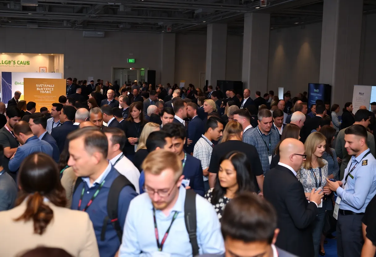 Attendees networking at the Business Travel Sustainability Summit in NYC.