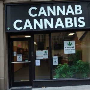 A cannabis storefront showing signs of financial distress in NYC.
