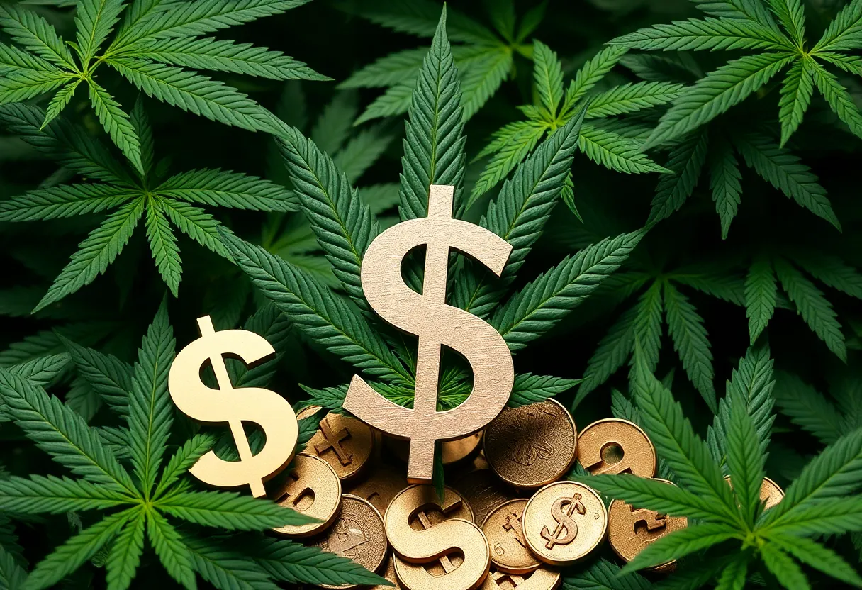 Illustration of cannabis leaves and money, symbolizing tax exemption in the cannabis industry.
