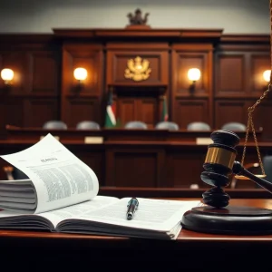Courtroom scene depicting a financial settlement process