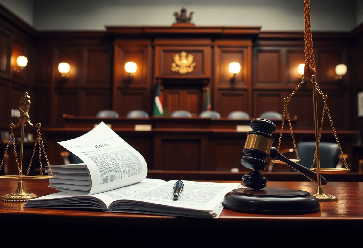 Courtroom scene depicting a financial settlement process