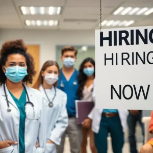 Healthcare professionals in a meeting discussing layoffs