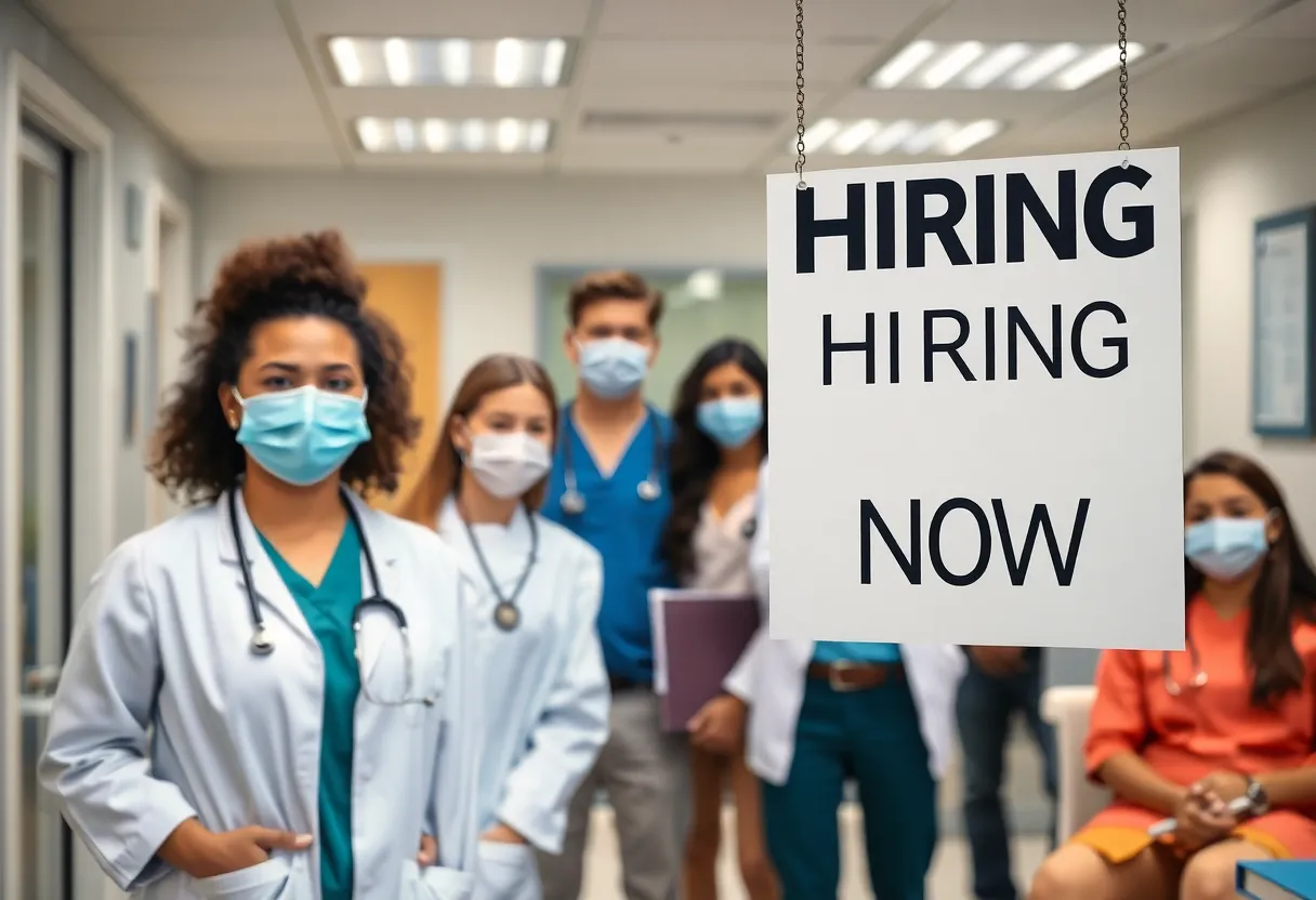 Healthcare professionals in a meeting discussing layoffs