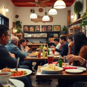 Interior view of Cava restaurant with customers dining