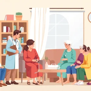 Illustration of caregivers assisting users in a home care setting commonly depicted in personal assistance services.