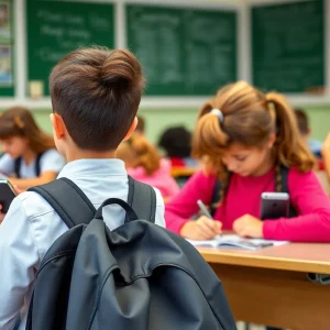 Students in a classroom without cellphones