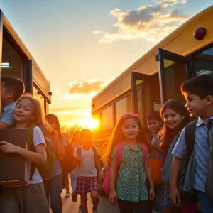 Children boarding an electric school bus with a school in the background