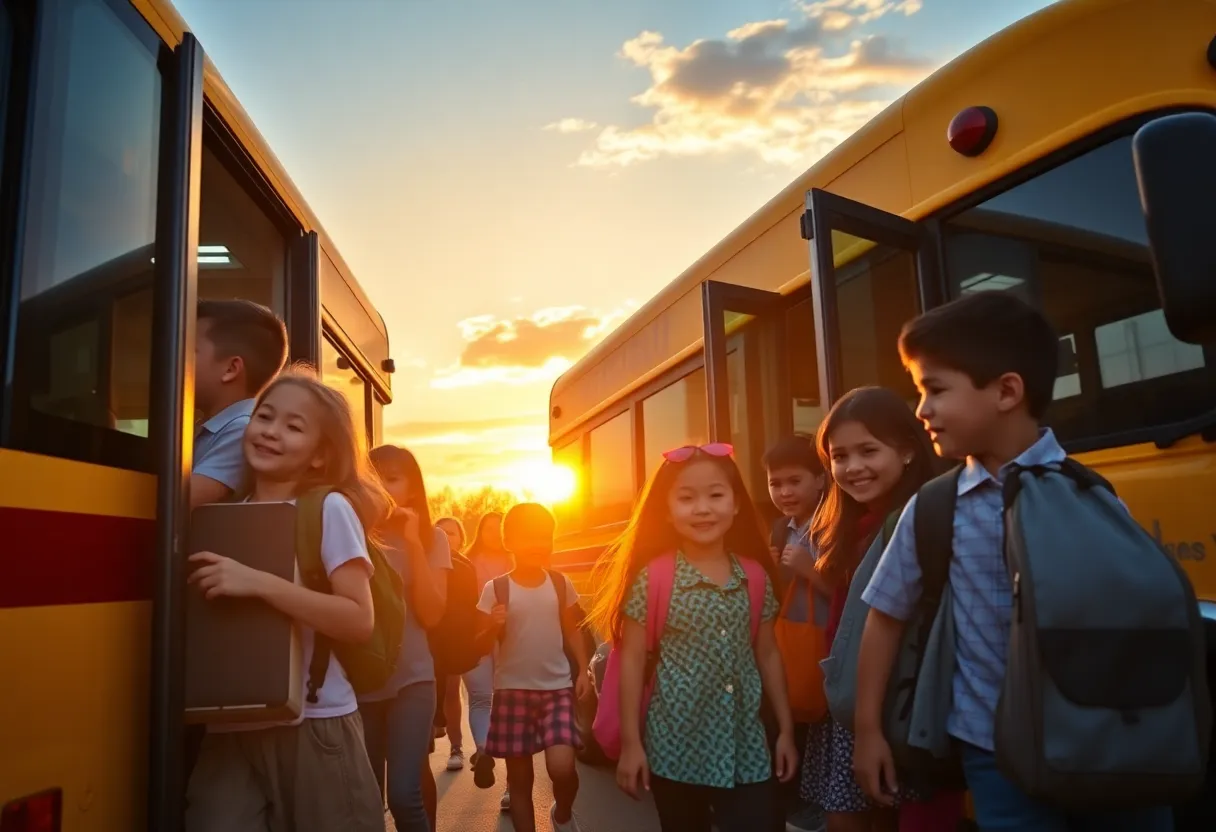 Children boarding an electric school bus with a school in the background