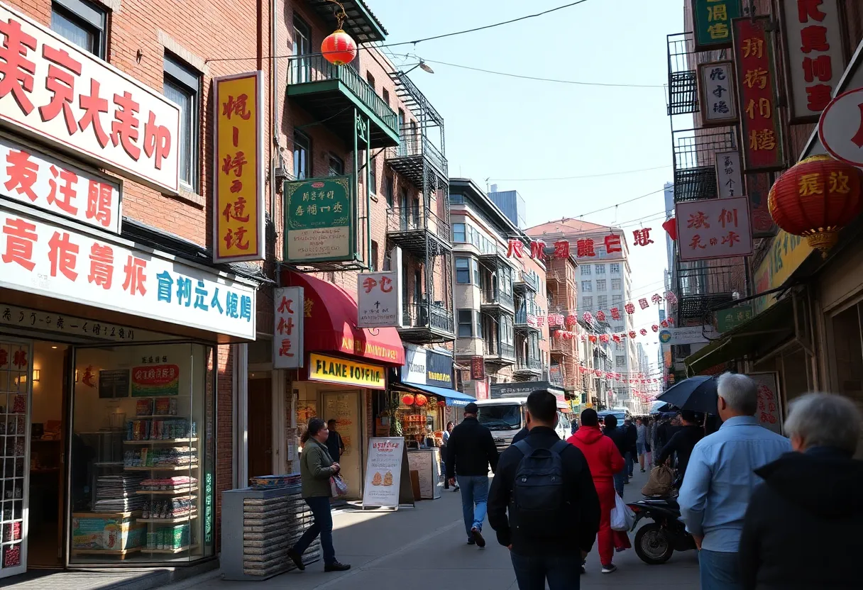 A vibrant Chinatown street filled with local shops and businesses.