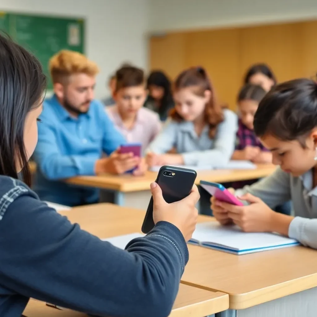 Students in classroom focusing on lessons without using cellphones