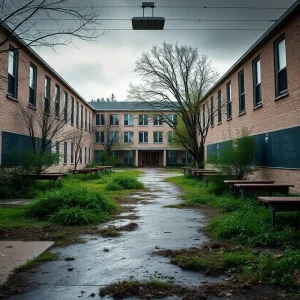An empty college campus showing closed buildings and deserted walkways.