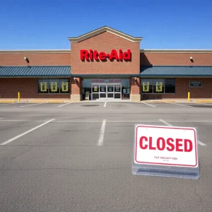 Closed Rite Aid storefront with signage