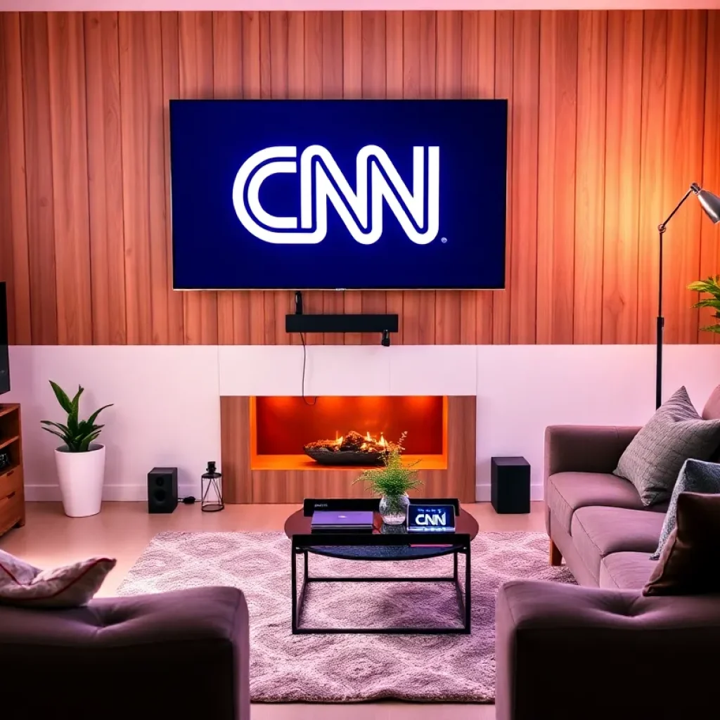 Modern living room with CNN streaming service setup