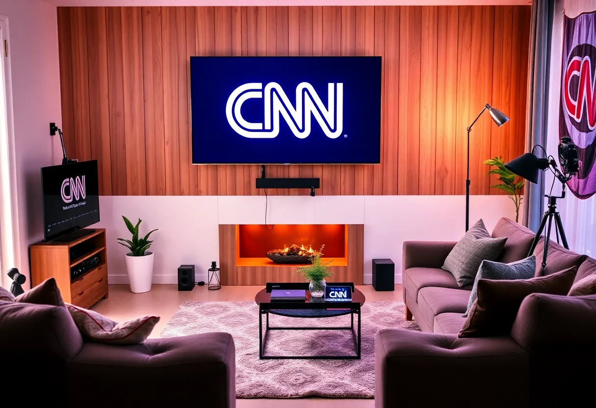 Modern living room with CNN streaming service setup