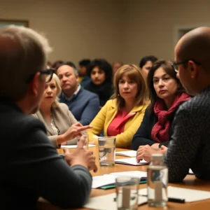 Community members discussing potential funding cuts and their impact on social services