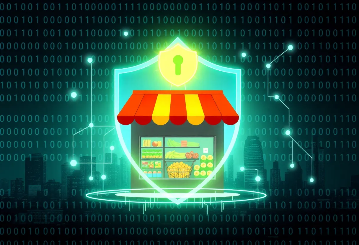 Graphic representation of cybersecurity protecting a grocery store.