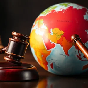 Symbol of justice with gavel and globe representing trade.
