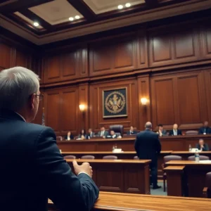 Interior of a courtroom during a drug trafficking trial