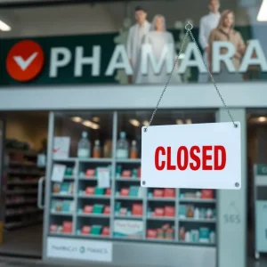 Closed CVS pharmacy store with a sign indicating the closure