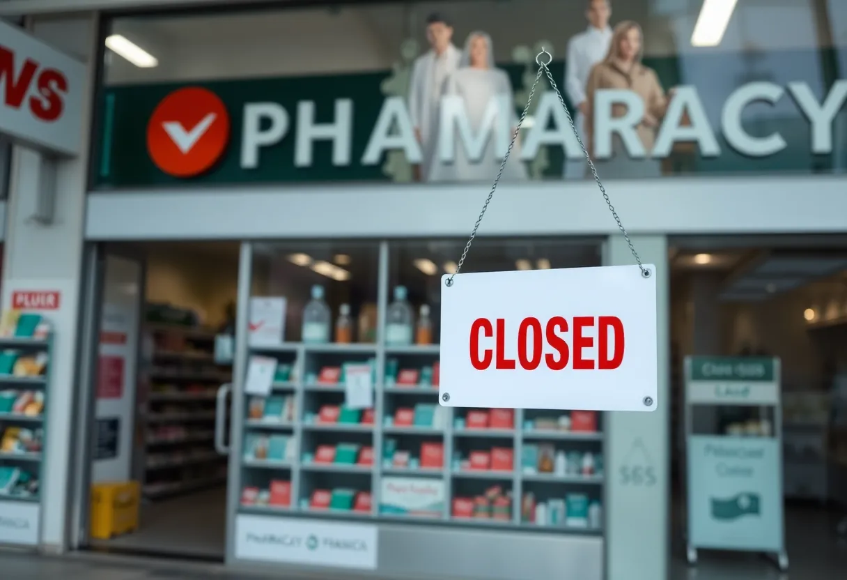 Closed CVS pharmacy store with a sign indicating the closure