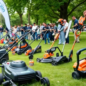 Electric lawn equipment being demonstrated in a park