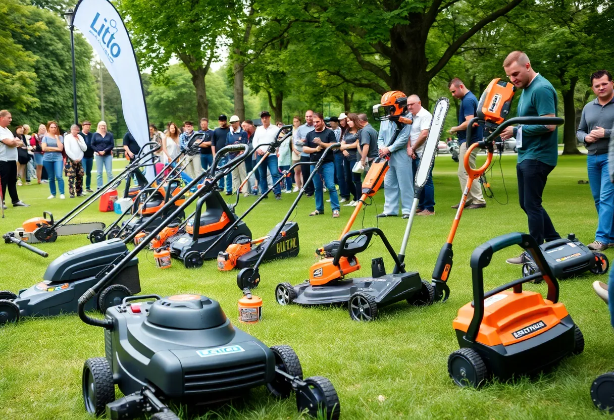 Electric lawn equipment being demonstrated in a park