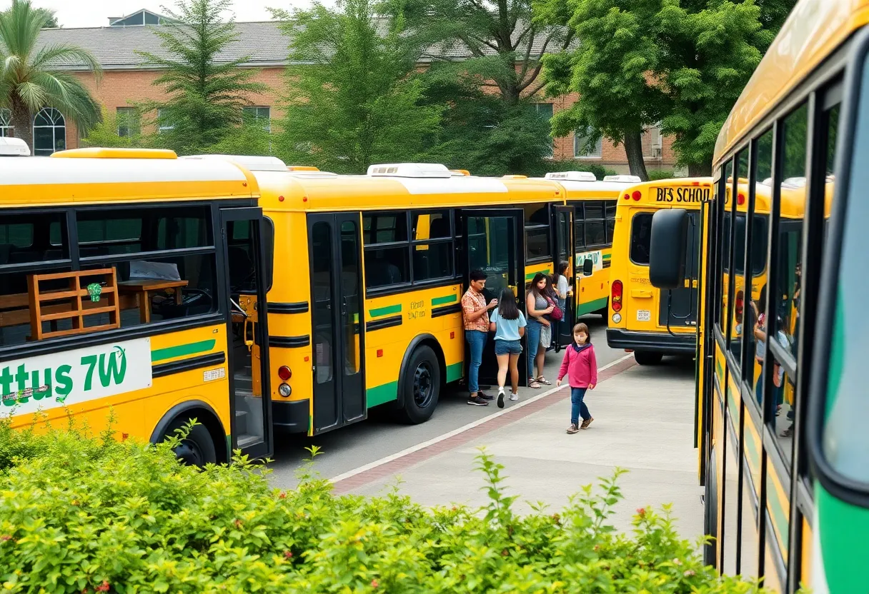 Electric school buses parked in front of a school
