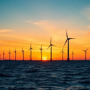 Offshore wind turbines of the Empire Wind 1 project against a sunset.
