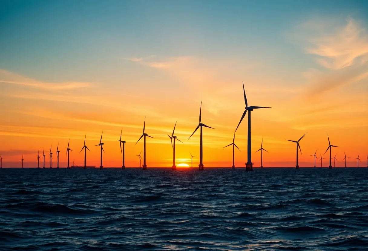 Offshore wind turbines of the Empire Wind 1 project against a sunset.